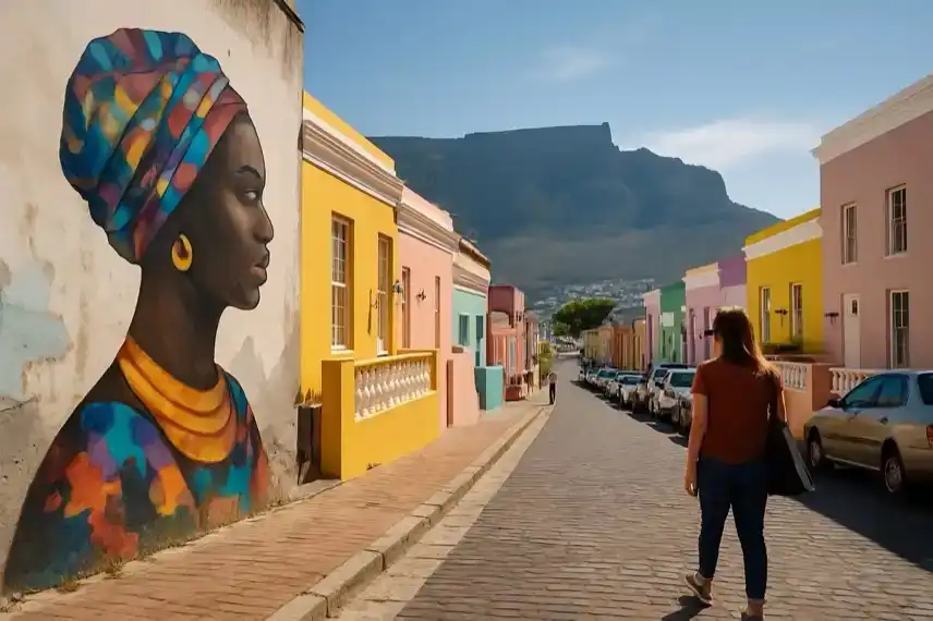 Kapstadt mit bunten Bo-Kaap-Häusern, Street Art und Blick auf den Tafelberg – Darstellung der Kulturmetropole.